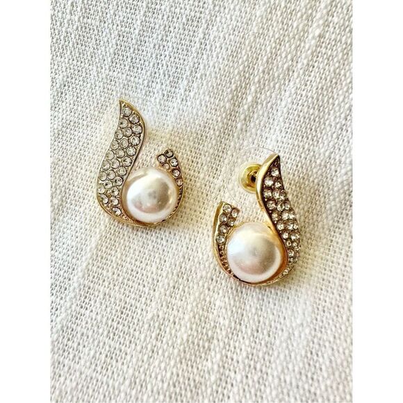 Rhinestone and pearl stud earrings - Picture 1 of 2